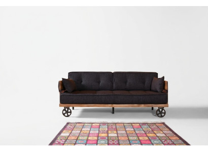 Canapé en tissu noir sur roues, design loft avec structure en bois, meuble de canapé