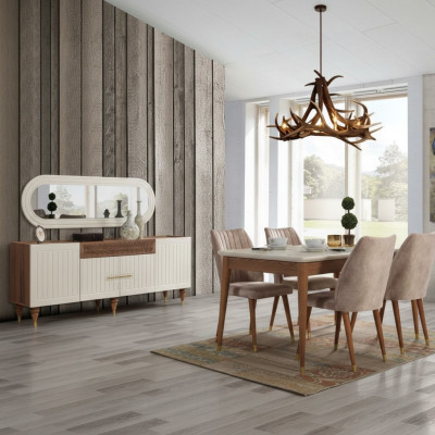 Salle à manger Ensemble de groupe de 3 pièces Table à manger Commode Miroir Ensemble complet