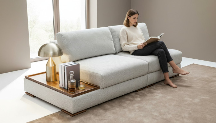 Slim, canapé souple moderne de 2 places avec table en bois intégrée et siège large