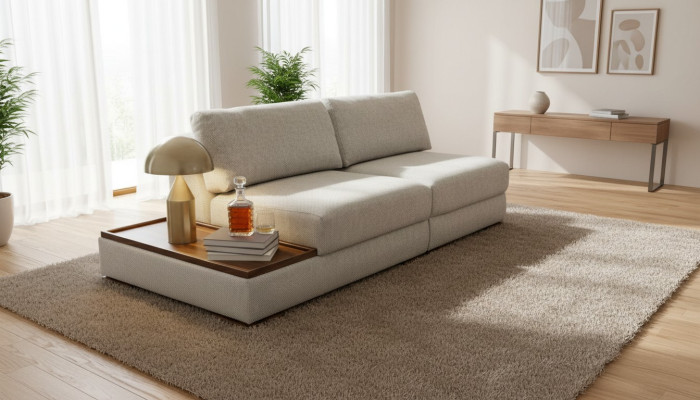 Slim, canapé souple moderne de 2 places avec table en bois intégrée et siège large