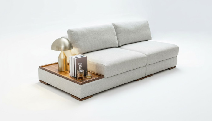 Slim, canapé souple moderne de 2 places avec table en bois intégrée et siège large