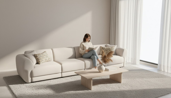 Grand canapé attrayant à six places de couleur beige, au design simple et fabriqué à partir de matériaux de qualité supérieure.