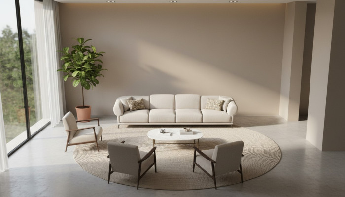 Grand canapé attrayant à six places de couleur beige, au design simple et fabriqué à partir de matériaux de qualité supérieure.