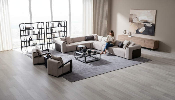 Ensemble de canapé moderne Canapé en forme de L avec fauteuil Canapé d'angle gris en textile