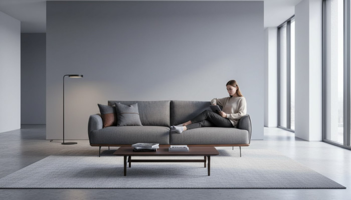 Canapé rembourré gris, moderne canapé en tissu pour salon trois places, nouveau luxe