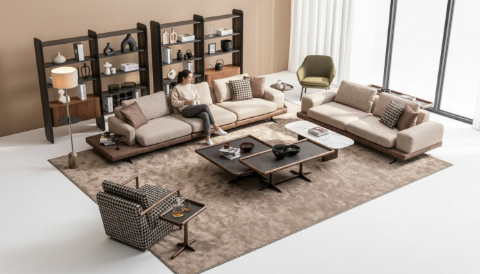 Ensemble de canapé en textile marron Trois places de salon Luxueux mobilier en bois