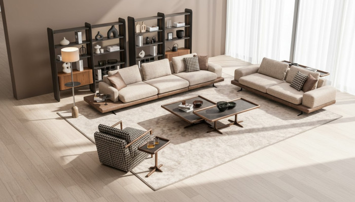 Ensemble de canapé en textile marron Trois places de salon Luxueux mobilier en bois