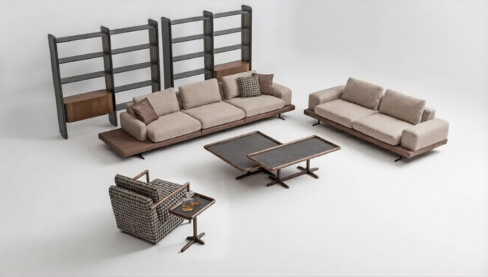 Ensemble de canapé en textile marron Trois places de salon Luxueux mobilier en bois