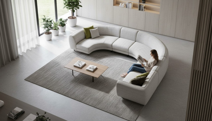 Canapé d'angle en forme de U semi-circulaire, canapé d'angle, paysage vivant, mobilier, canapé d'angle design.
