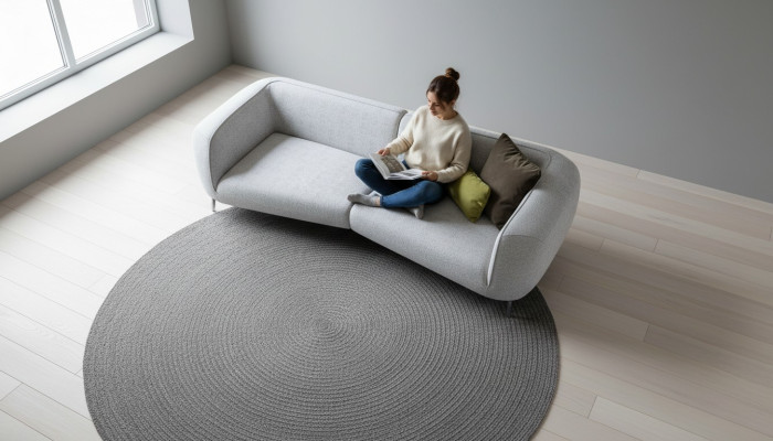 Canapé gris design avec quatre places, meubles rembourrés pour le salon, moderne et neuf.