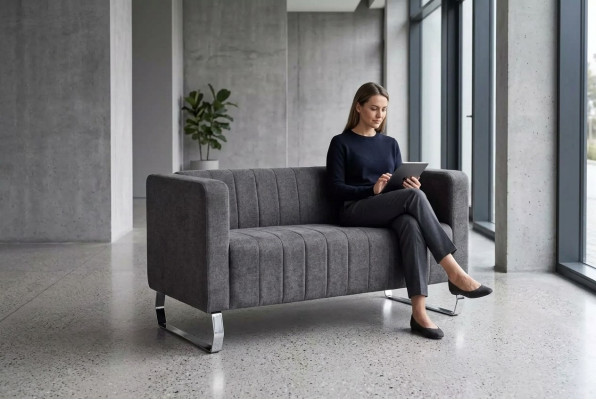 Deux meubles de salle d'étude deux places noirs canapé de luxe en tissu gris.