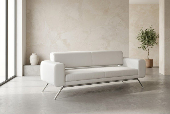 Canapé de bureau moderne en textile de luxe blanc à trois places avec pieds en acier inoxydable.