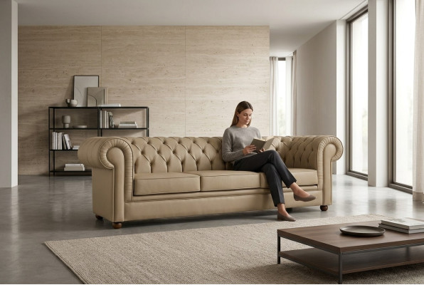 Canapé de bureau trois places Chesterfield beige, canapés rembourrés, meubles de luxe