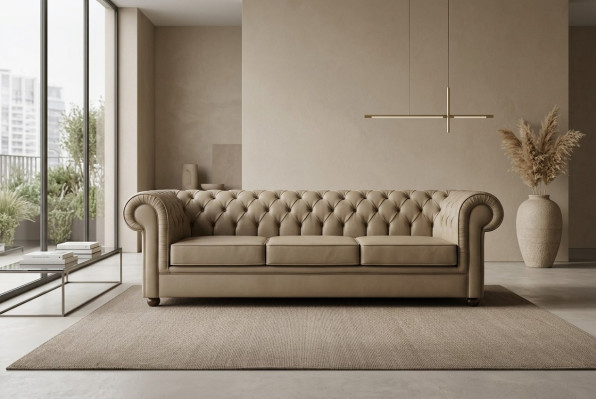 Canapé de bureau trois places Chesterfield beige, canapés rembourrés, meubles de luxe