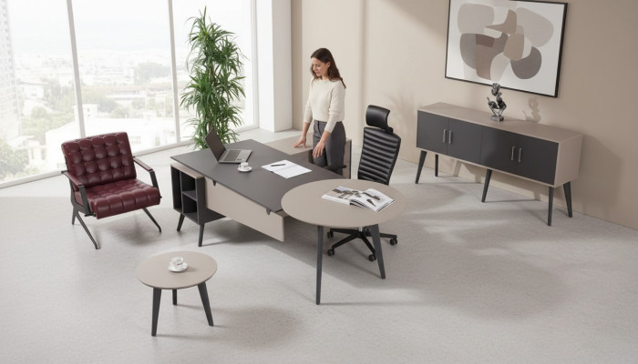 Ensemble de bureau moderne pour étude, complet avec bureau design et mobilier.