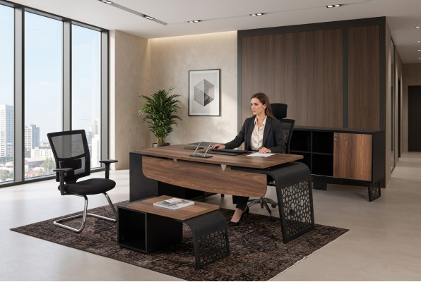 Ensemble de mobilier de bureau moderne pour un design de lieu de travail comprenant un bureau d'angle et une armoire.