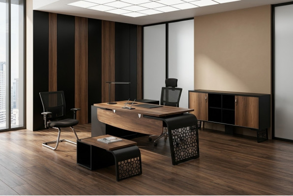 Ensemble de mobilier de bureau moderne pour un design de lieu de travail comprenant un bureau d'angle et une armoire.