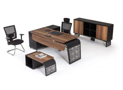 Ensemble de mobilier de bureau moderne pour un design de lieu de travail comprenant un bureau d'angle et une armoire.
