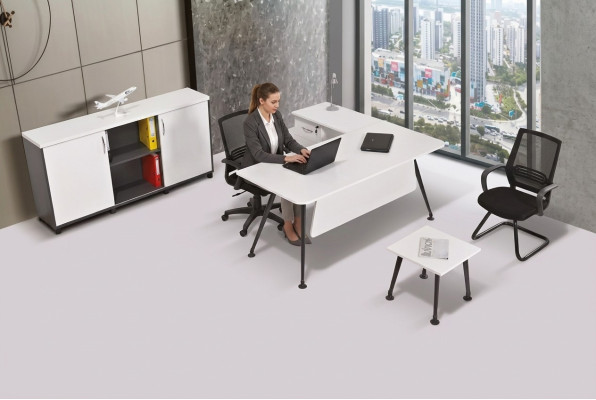 Bureau d'angle blanc Mobilier de salle d'étude Armoire de bureau Table basse Ensemble de table 3 pièces