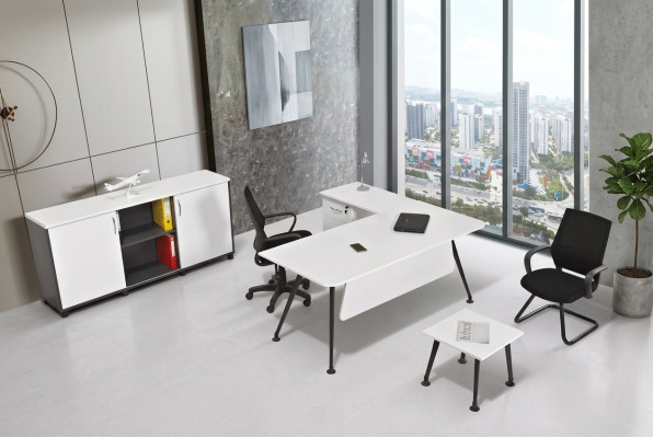 Bureau d'angle blanc Mobilier de salle d'étude Armoire de bureau Table basse Ensemble de table 3 pièces