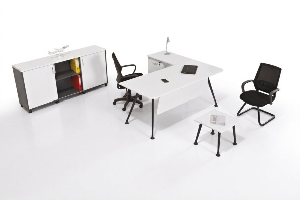 Bureau d'angle blanc Mobilier de salle d'étude Armoire de bureau Table basse Ensemble de table 3 pièces