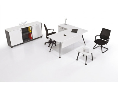 Bureau d'angle blanc Mobilier de salle d'étude Armoire de bureau Table basse Ensemble de table 3 pièces