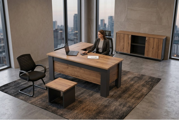 Ensemble de bureau brun complet Ensemble de salle d'étude Table Armoire Bureau d'angle