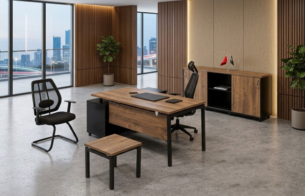Ensemble de meubles de luxe pour la salle d'étude en couleur marron : bureau, armoire de bureau, table basse (3 pièces).