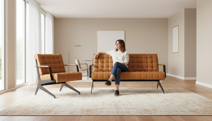 Ensemble de sièges d'étude marron clair pour la salle de séjour : fauteuil 2 places + ensemble de bureau 2+1