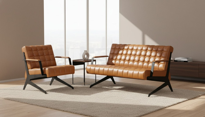 Ensemble de sièges d'étude marron clair pour la salle de séjour : fauteuil 2 places + ensemble de bureau 2+1