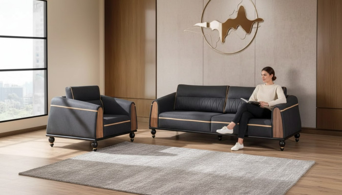 Ensemble de canapés noirs, suite moderne comprenant un canapé trois places et un fauteuil en tissu, 2 pièces.