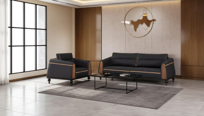 Ensemble de canapés noirs, suite moderne comprenant un canapé trois places et un fauteuil en tissu, 2 pièces.