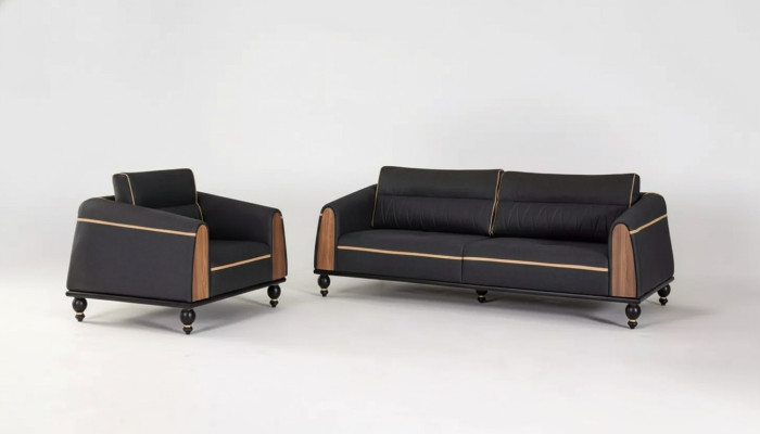 Ensemble de canapés noirs, suite moderne comprenant un canapé trois places et un fauteuil en tissu, 2 pièces.