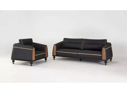 Ensemble de canapés noirs, suite moderne comprenant un canapé trois places et un fauteuil en tissu, 2 pièces.