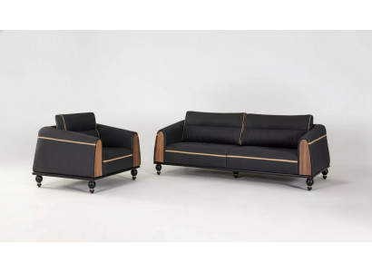 Ensemble de canapés noirs, suite moderne comprenant un canapé trois places et un fauteuil en tissu, 2 pièces.