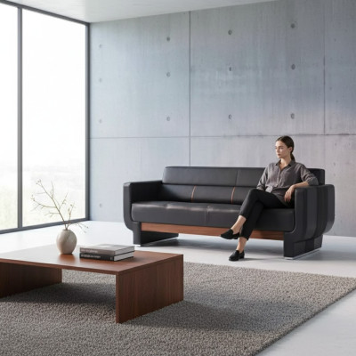 Canapé moderne trois places noir Meuble en cuir Ameublement de bureau Rembourrage