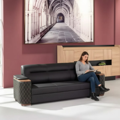 Mobilier de bureau canapé trois places en cuir noir de luxe canapé rembourré neuf pour salle d'étude