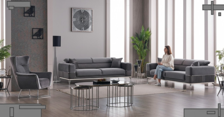Ensemble de canapés de luxe 3 places en gris pour le salon, meubles textiles neufs