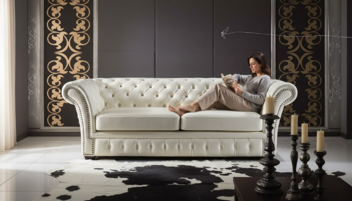Canapé Chesterfield de luxe Trois places Canapés Salons Blanc