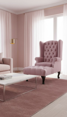 Fauteuil aile Chesterfield Tabouret Velours Siège Rose Salon Détente Club Lounge