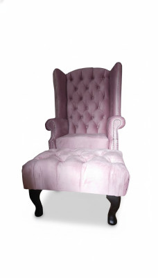 Fauteuil aile Chesterfield Tabouret Velours Siège Rose Salon Détente Club Lounge