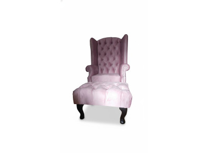 Fauteuil aile Chesterfield Tabouret Velours Siège Rose Salon Détente Club Lounge
