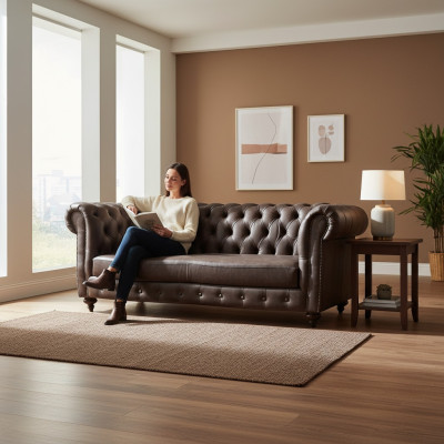 Canapé 3 places Chesterfield Canapé Cuir véritable Canapés Marron Meubles
