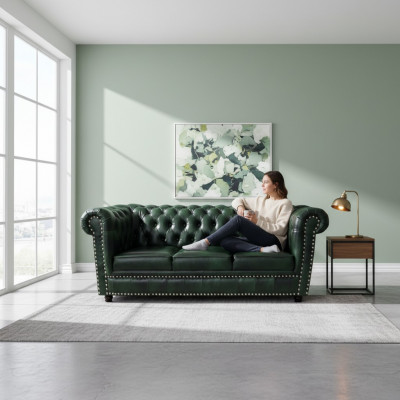Canapé Chesterfield Trois Places Canapé en Cuir Véritable Vert Canapé en Cuir 230cm Meubles