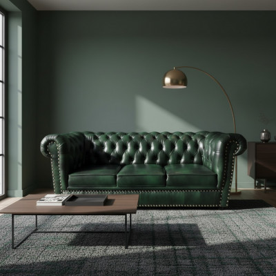 Canapé Chesterfield Trois Places Canapé en Cuir Véritable Vert Canapé en Cuir 230cm Meubles