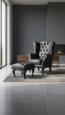 Fauteuil d'aile de luxe et repose-pieds Chesterfield Fauteuil en cuir noir moderne