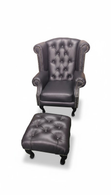 Fauteuil d'aile de luxe et repose-pieds Chesterfield Fauteuil en cuir noir moderne
