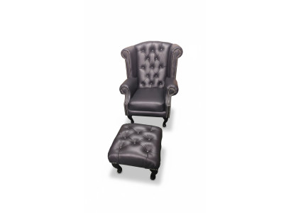Fauteuil d'aile de luxe et repose-pieds Chesterfield Fauteuil en cuir noir moderne