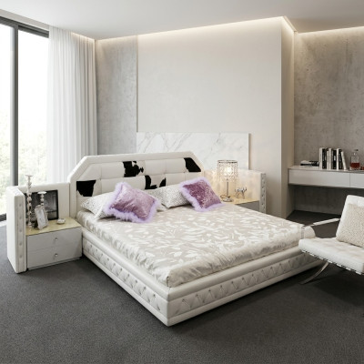 Lit double châlit Chesterfield de luxe en cuir véritable avec garniture en peau de poney - mobilier blanc