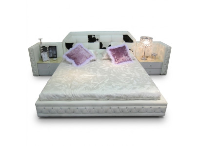 Lit double châlit Chesterfield de luxe en cuir véritable avec garniture en peau de poney - mobilier blanc